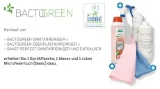 STARTER-SET AKTION BACTOGREEN Sanitärreiniger + Oberflächenreiniger + Entkalker SANET Perfect + GRATIS Sprühflasche, Microfasertuch blau + rot